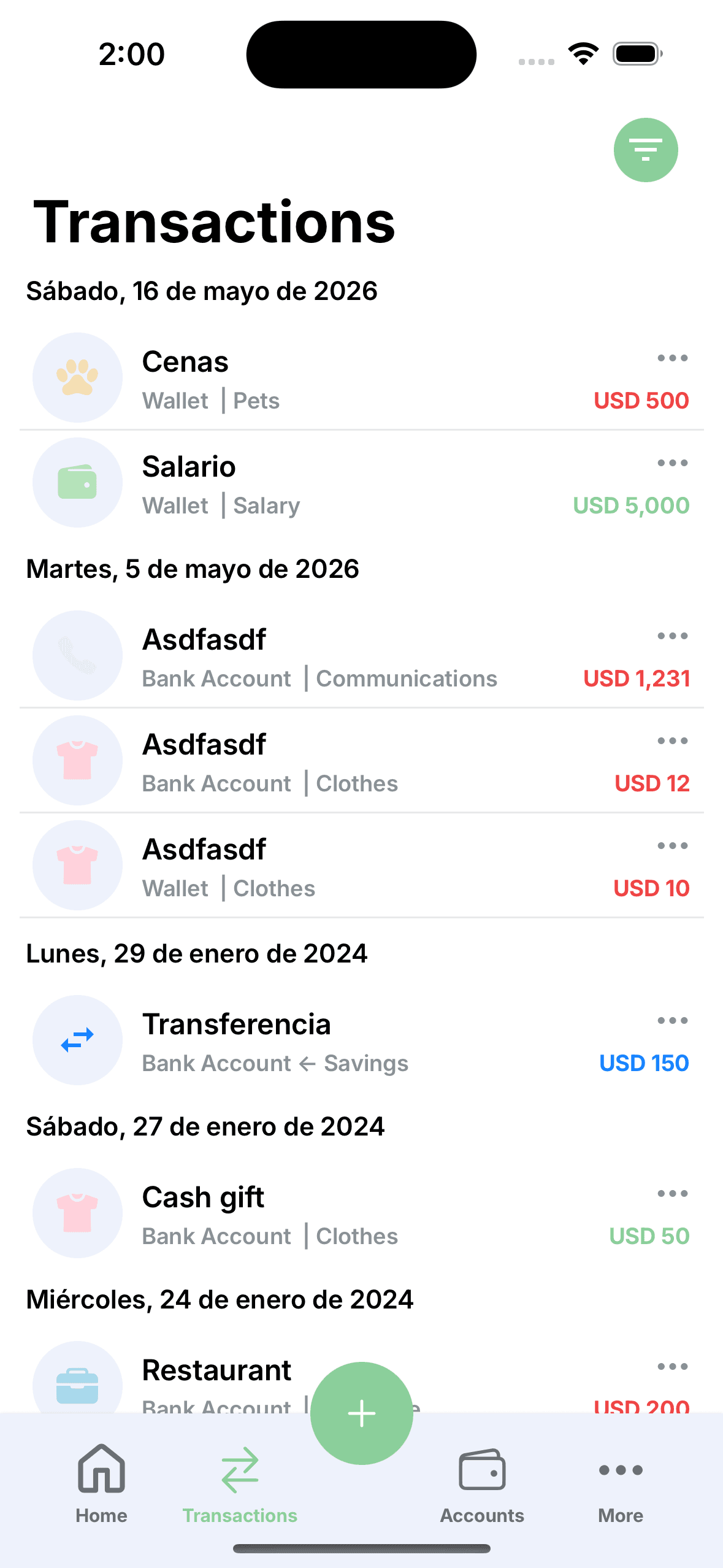 Pantalla de transacciones