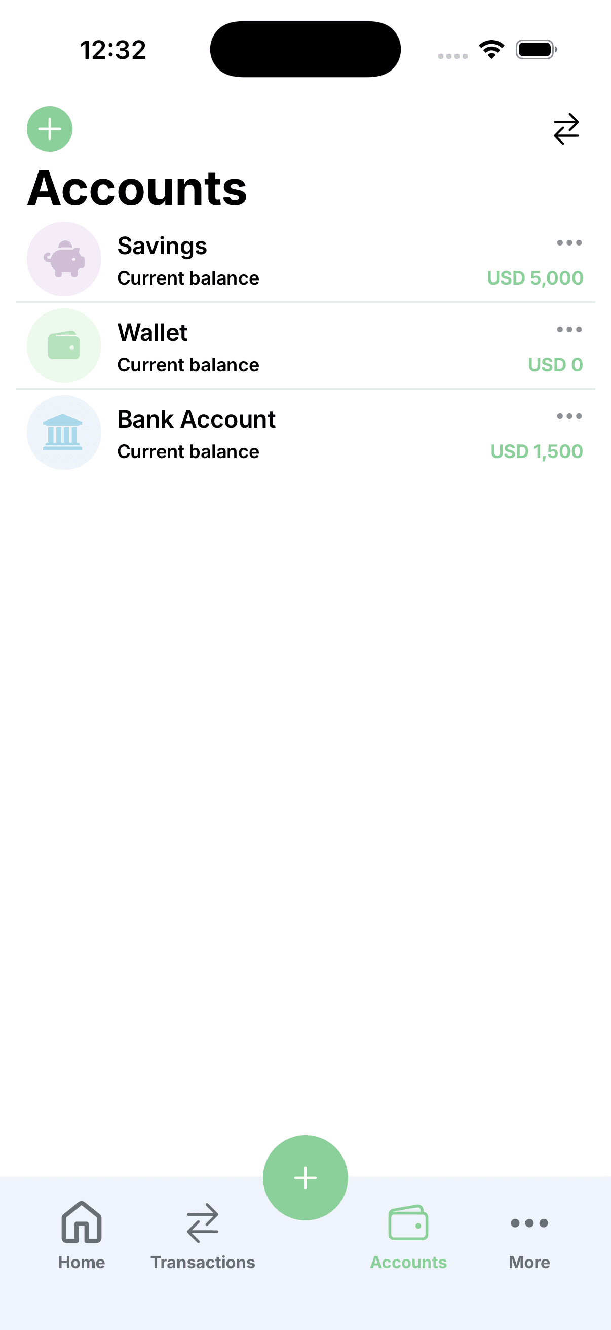 Accounts screen