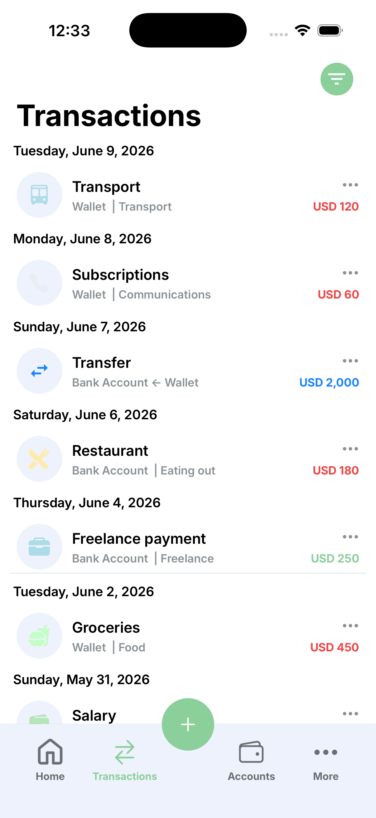 Transactions screen